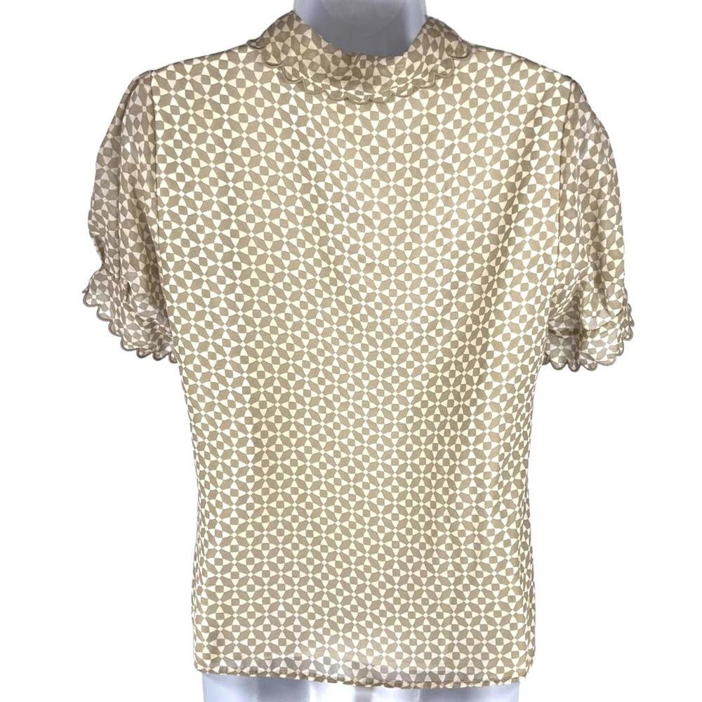Cece Scallop Edge Geo Print Blouse –Neutral Tan & Cream Puff Sleeve Top – Size S - Picture 4 of 6